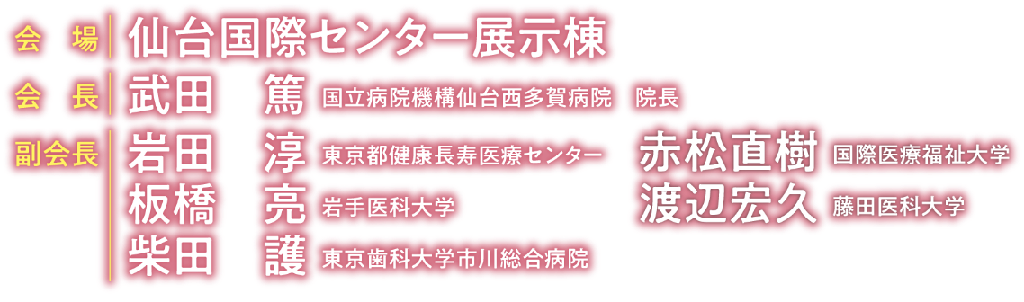 会場：仙台国際センター展示棟（〒980-0856仙台市青葉区青葉山無番地）／会長：武田 篤（国立病院機構仙台西多賀病院 院長）／副会長：岩田　淳（東京都健康長寿医療センター）赤松　直樹（国際医療福祉大学）板橋　亮（岩手医科大学）渡辺　宏久（藤田医科大学）柴田　護（東京歯科大学市川総合病院）