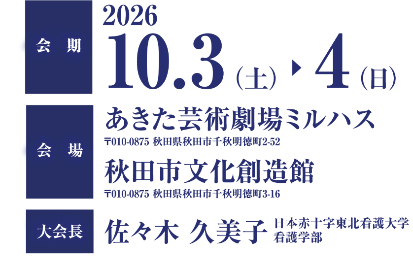 会期：2026年10月3日（土）～4日（日）／会場：あきた芸術劇場ミルハス（〒010-0875 秋田県秋田市千秋明徳町2-52）・秋田市文化創造館（〒010-0875 秋田県秋田市千秋明徳町3-16）／大会長：佐々木 久美子（日本赤十字東北看護大学 看護学部）